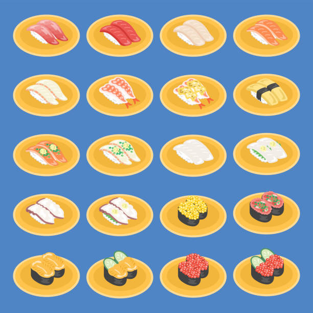 Illustration set of conveyor belt sushi material. Illustration set of conveyor belt sushi material. tako stock illustrations