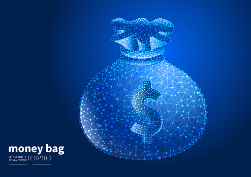 Moneybag, commercial bank and savings, vector abstract low polygonal dot lines connect moneybag background