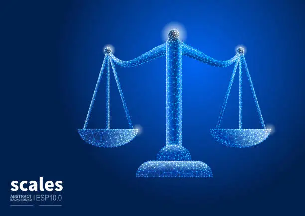 Vector illustration of Balance and justice, scales keep left and right balance, vector abstract low polygon point line connection fairness concept illustration background