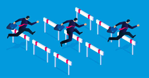 ilustrações de stock, clip art, desenhos animados e ícones de isometric businessman hurdling over obstacles, overcoming obstacles, concept of business training and business competition - hurdling