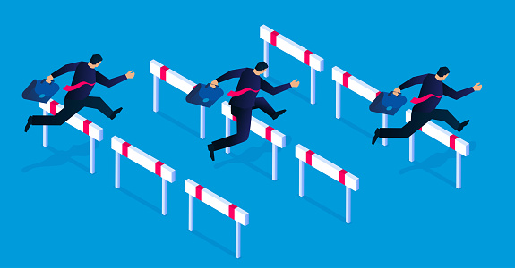 Isometric businessman hurdling over obstacles, overcoming obstacles, concept of business training and business competition