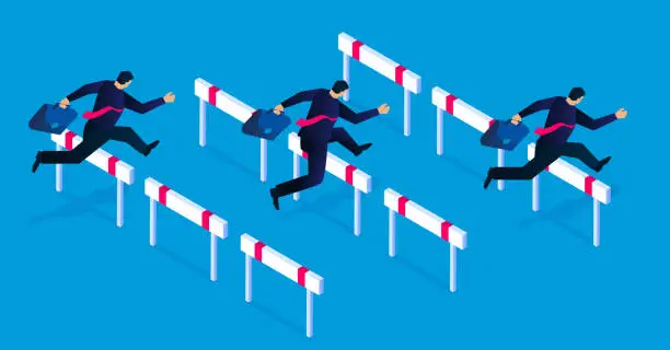 Vector illustration of Isometric businessman hurdling over obstacles, overcoming obstacles, concept of business training and business competition