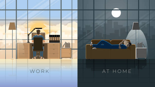ilustrações de stock, clip art, desenhos animados e ícones de sleep all time of burnout employee salaryman. overnight working office people sleep at night in the company. lie down all day on the sofa in the living room. a lazy person who is tired lacks energy. - cair no sofá