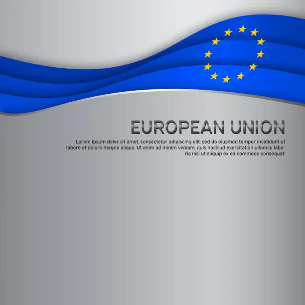 Vector illustration of Cover, banner in the colors of the European Union. Metallic background with wavy european union flag. Cover design, business booklet, flyer, poster. Paper cut style. Vector illustration