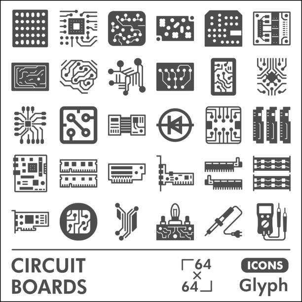 Printed circuit board line icon set, micro chip symbols collection or sketches. PCB glyph linear style signs for web and app. Vector graphics isolated on white background. Printed circuit board line icon set, micro chip symbols collection or sketches. PCB glyph linear style signs for web and app. Vector graphics isolated on white background motherboard ram slots stock illustrations