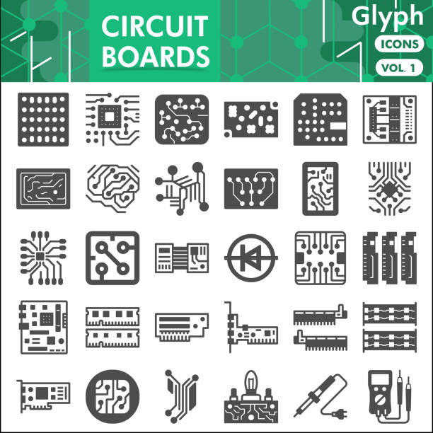 Printed circuit board line icon set, micro chip symbols collection or sketches. PCB glyph with headline linear style signs for web and app. Vector graphics isolated on white background. Printed circuit board line icon set, micro chip symbols collection or sketches. PCB glyph with headline linear style signs for web and app. Vector graphics isolated on white background motherboard ram slots stock illustrations