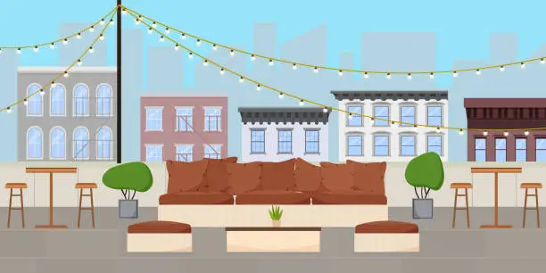 Vector illustration of Flat vector illustration of rooftop terrace bar lounge with light bulb garlands at day time and cityscape with walk-up buildings and skyscrapers