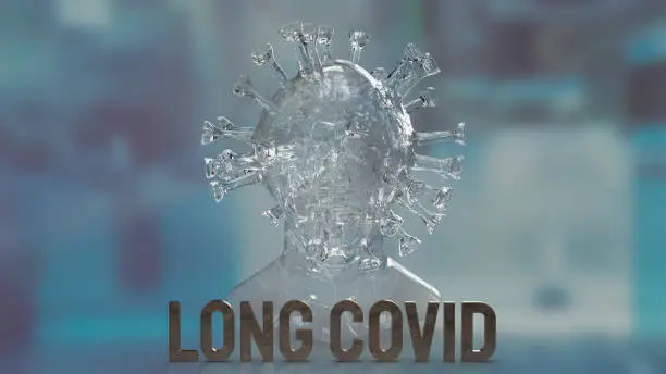 Photo of clear virus and word long covid for medical or sci concept 3d rendering