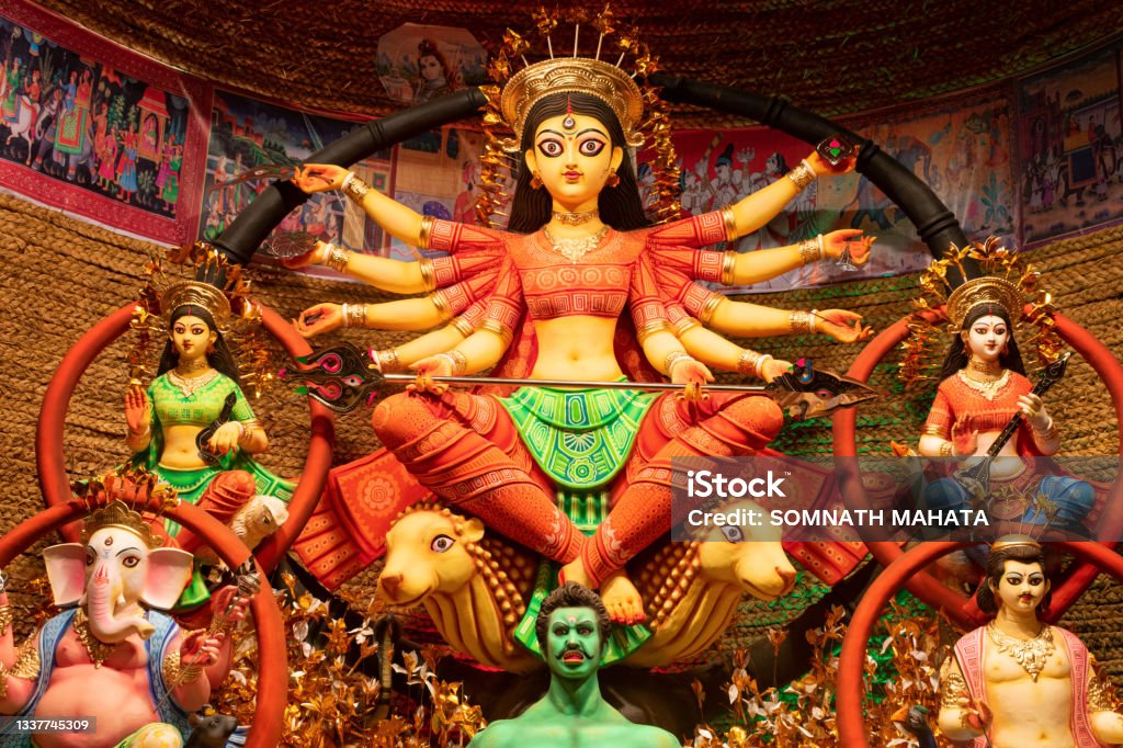 hindu festival navratri was celebreting. Devi maa durga idol with her family in West Bengal, India. Durga Stock Photo