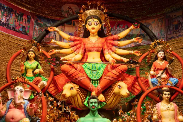 hindu festival navratri was celebreting. Devi maa durga idol with her family in West Bengal, India.