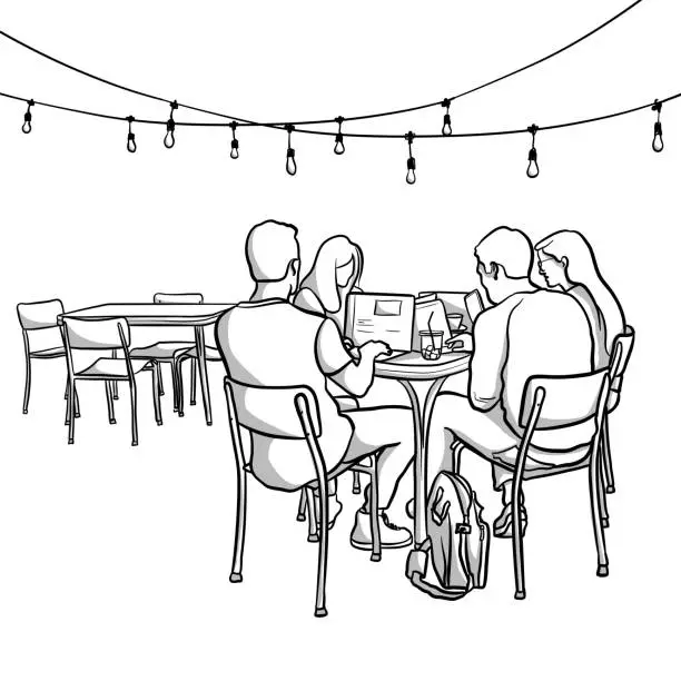 Vector illustration of Students Working Together Coffeeshop