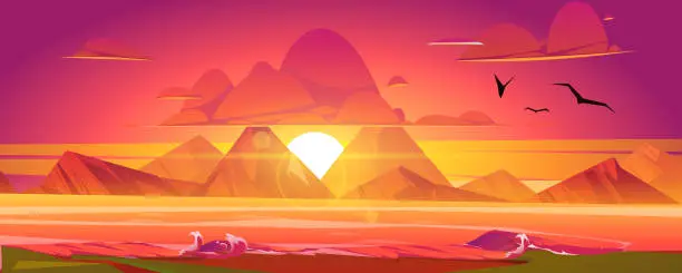 Vector illustration of Sunset on ocean, red sky with sun going down.