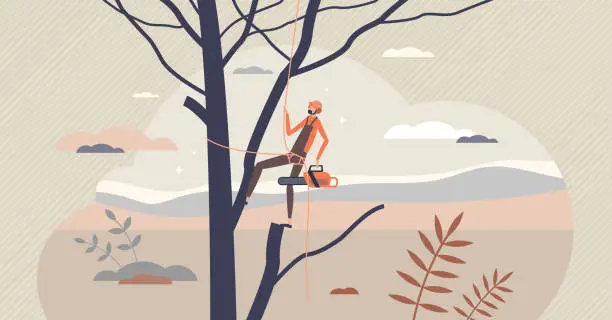 Vector illustration of Arborist as professional tree cutting work occupation tiny person concept