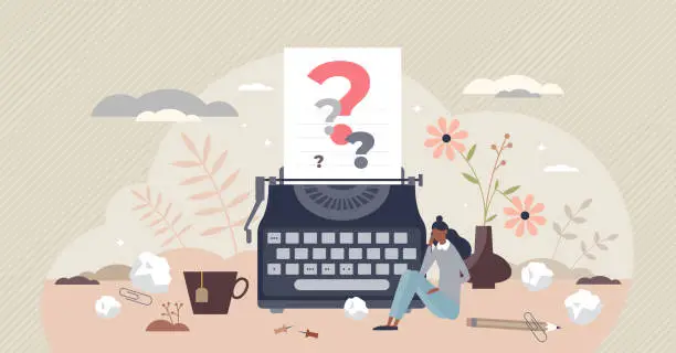 Vector illustration of Writers block as missing creative muse for story content tiny person concept