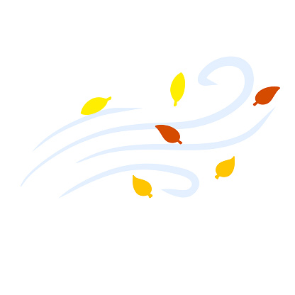 Autumn Wind. Stream of air with red and yellow leaves. Blue wavy line. Breeze and weather icon. Leaf fall. Flat illustration