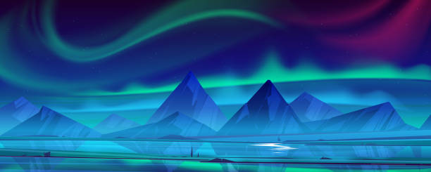 Night landscape with aurora borealis in sky Night landscape with aurora borealis in sky, river and mountains on horizon. Vector cartoon illustration of green and pink northern lights and stars in winter sky above nordic rocks alaska northern lights stock illustrations