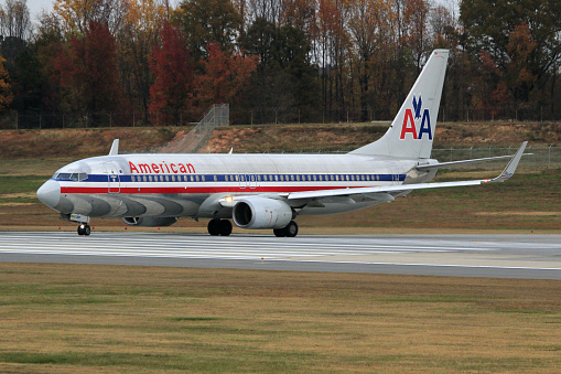 Charlotte, NC, USA - November 23, 2016: The disappearing memory - Retro Livery American Airlines Boeing 737 Aircraft, Charlotte Douglas International Airport (CLT).