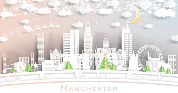 горизонт манчестера великобритании в стиле paper cut со снежинками, луной и неоновой гирляндой. - manchester stock illustrations