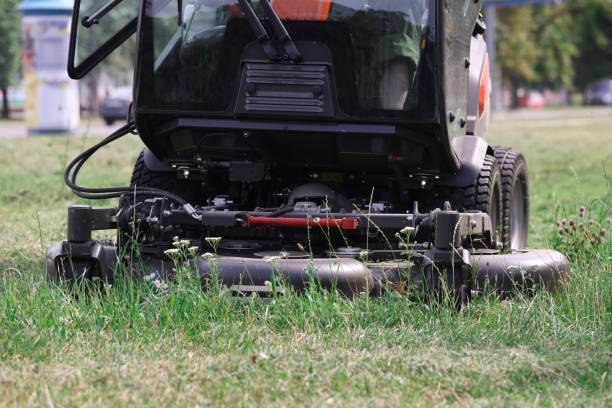 istock Tractor lawn mower mowing grass in park closeup 1337751279