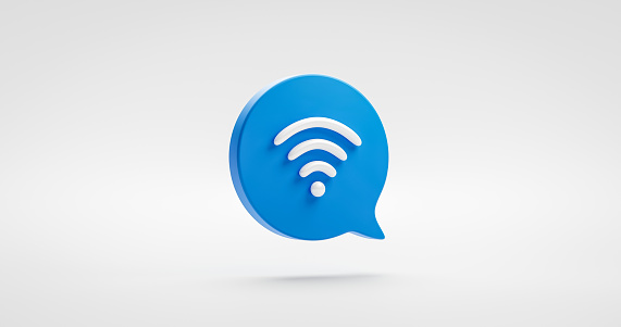 Blue website wifi icon or technology wireless internet network communication computer signal sign symbol isolated on white background with digital mobile global public connection. 3D rendering.