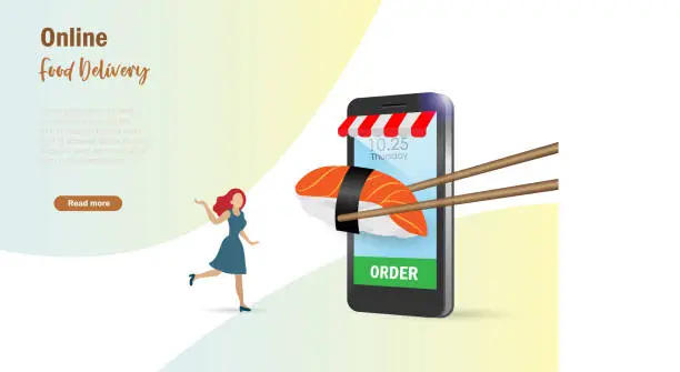 Vector illustration of Woman online oder sushi in food application on smart phone with virtual chopsticks holding. Online foods and drink delivery,