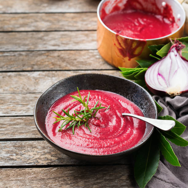 istock Seasonal fall autumn creamy beetroot soup on a table 1337754523