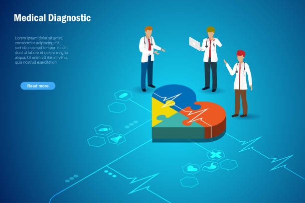 illustrazioni stock, clip art, cartoni animati e icone di tendenza di medico team di diagnosi problema di salute del paziente in forma di cuore puzzle con elettrocardiogramma. - healthcare and medicine communication doctor puzzle