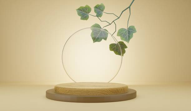 istock Cylinder wood podium in earth tone background with leaves.3D rendering 1337755000