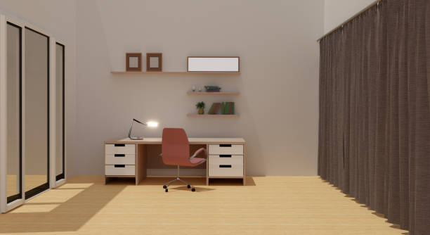 istock Neutral interior with table chair and lamp on wall background.3D rendering 1337755626