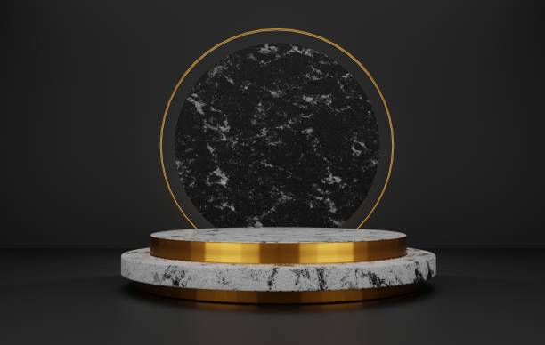 istock Cylinder marble podium with black marble background.3D rendering 1337755671