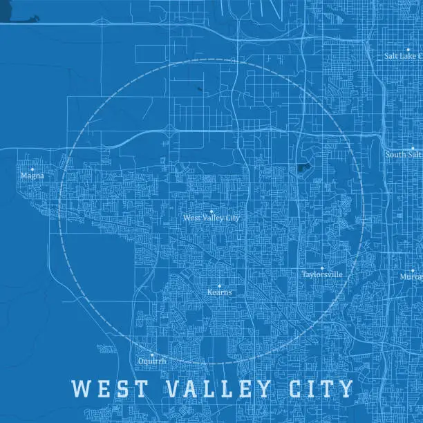 Vector illustration of West Valley City UT City Vector Road Map Blue Text