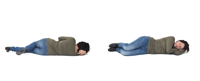 front and back of a sleeping woman on white background