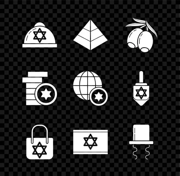Vector illustration of Set Jewish kippah with star of david, Egypt pyramids, Olives branch, Shopping bag, Flag Israel, Orthodox jewish hat sidelocks, coin and World Globe and icon. Vector