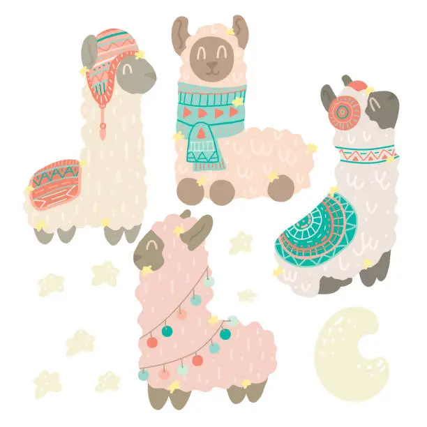 Vector illustration of Set of cute hand drawn flat llamas in hats and scarves with tribal pattern. Alpacas with stars and a crescent. Vector gentle animalistic illustration