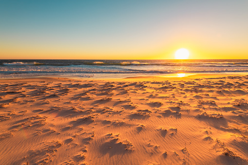 Maslin beach at windy winter sunset, Fleurieu Peninsula, South Australia