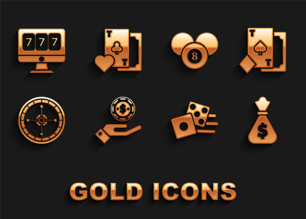 istock Set Hand holding casino chips, Money bag, Game dice, Casino roulette wheel, Billiard pool snooker 8 ball, Online slot machine lucky sevens jackpot and clubs symbol icon. Vector 1337760863