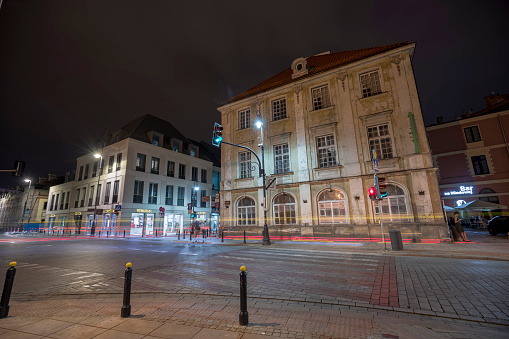 Warsaw, Poland - August 21, 2019: Baroque style old buildings at night in Warsaw, Poland