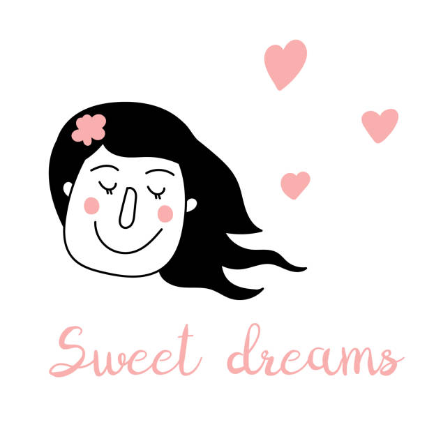 ilustrações, clipart, desenhos animados e ícones de ícone feminino desenhado à mão com corações e inscrição doce sonhos. avatar mulher feliz de bom humor com um sorriso. - illustration and painting valentines day individuality happiness