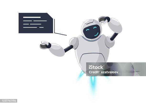 Cute White Flying Robot Character Thinking Futuristic Chatbot Mascot Embarrassment With Speech Bubble Tech Cartoon Online Confused Bot Robotic Ai Assistance Talk Mental Activity Emotion Vector Stock Illustration - Download Image Now