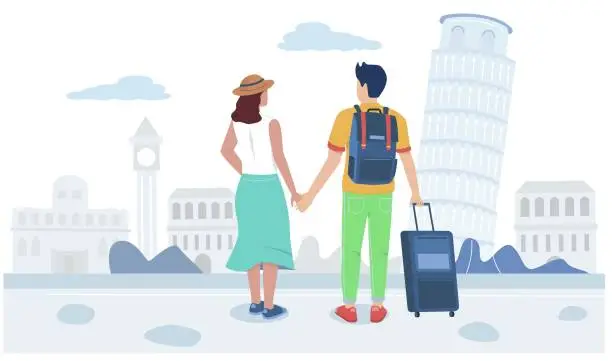 Vector illustration of Travel couple with bag holding hands, back view, vector illustration. Romantic vacation, summer holidays, world tour.