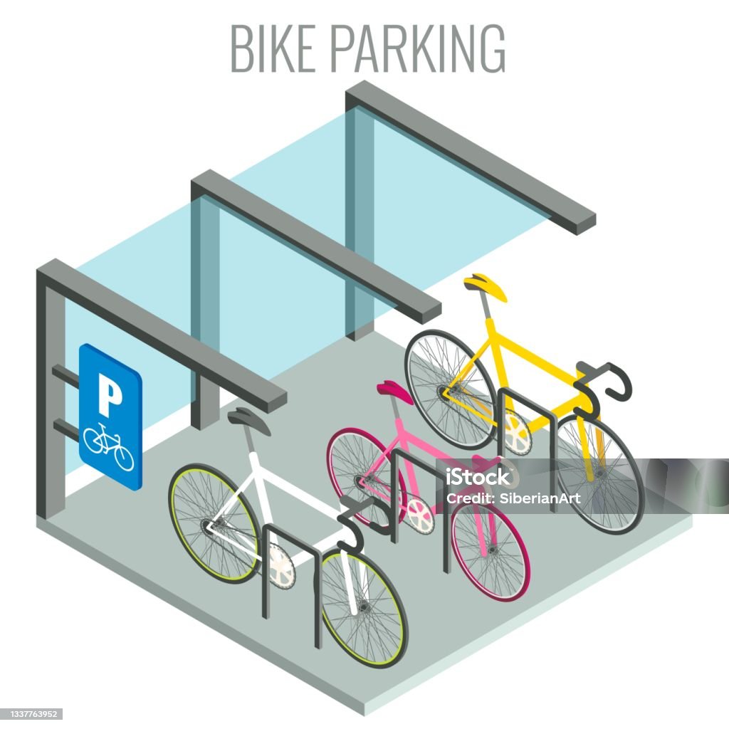 Supports à vélos publics et vélos, illustration isométrique vectorielle. Concept de parking à vélos en ville. - clipart vectoriel de Vélo libre de droits