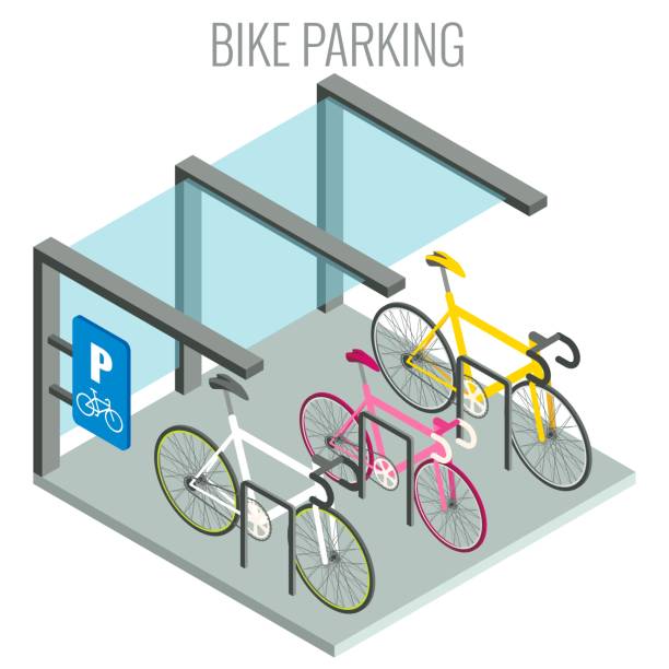 illustrations, cliparts, dessins animés et icônes de supports à vélos publics et vélos, illustration isométrique vectorielle. concept de parking à vélos en ville. - location vélo