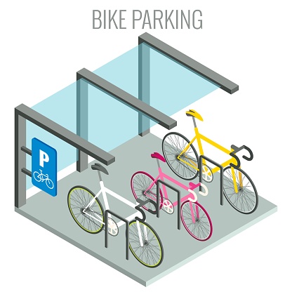 Public bicycle racks and bikes, flat vector isometric illustration. City bicycle parking lot concept.