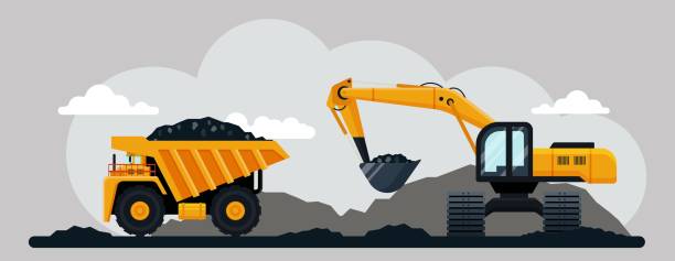 Excavator and dump truck working at coal mine, flat vector illustration. Open pit mine or quarry, extraction machinery. Excavator and dump truck working at coal mine, flat vector illustration. Open pit mine or quarry, extraction machinery and transport. Coal mining process and transportation. construction vehicle stock illustrations