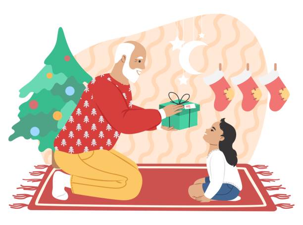 ilustrações de stock, clip art, desenhos animados e ícones de grandfather giving christmas gift to granddaughter, flat vector illustration. grandparent grandchild relationships. - christmas present senior men surprise gift box