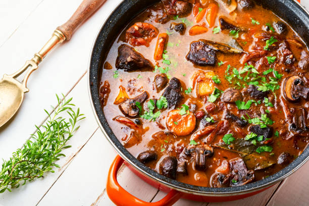 Stew with veal and mushrooms stock photo