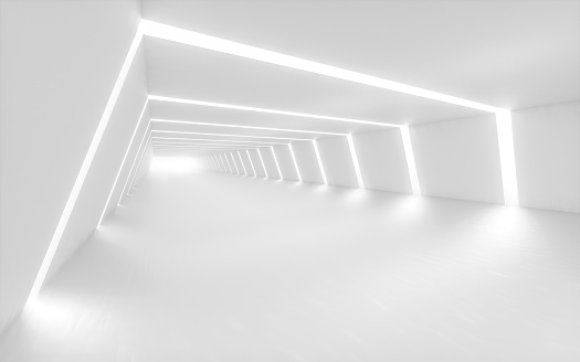 White tunnel with light in the end, 3d rendering. Computer digital drawing.