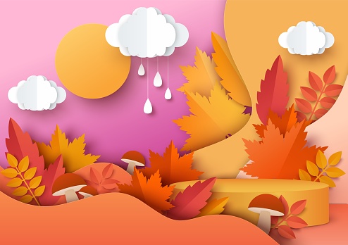 Orange round display podium mockup, paper cut autumn season red and yellow leaves, mushrooms, rainy clouds, vector illustration. Fall floral background for products advertising.