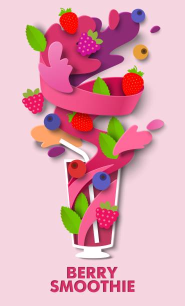 Glass of delicious mixed berry smoothie, vector paper cut illustration. Healthy fruit drink. Food rich in vitamins. Glass of delicious mixed berry smoothie, vector paper cut illustration. Healthy fruit drink made of strawberry, raspberry, blueberry. Food rich in vitamins and minerals. Berry smoothie poster template smoothie stock illustrations