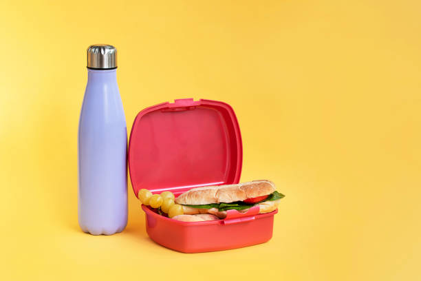 Reusable bottle and plastic sandwich box Reusable bottle and plastic sandwich box on bright yellow background. Sustainability at home, work and school concept lunch box photos stock pictures, royalty-free photos & images